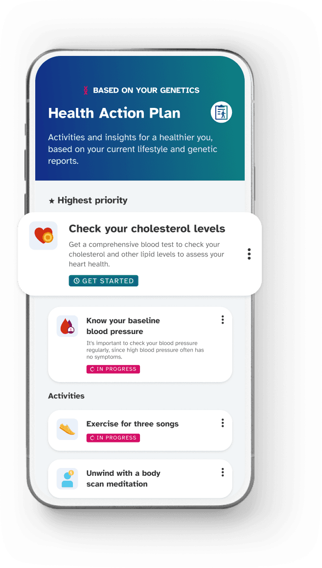 Image showing a phone screen displaying the Health Action Plan interface. The screen includes text describing the Health Action Plan: “Health Action Plan. Activities and insights for a healthier you, based on your current lifestyle and genetic reports. Check your cholesterol levels. Get a comprehensive blood test to check your cholesterol and other lipid levels to assess your heart health. Know your baseline blood pressure. It's important to check your blood pressure regularly, since high blood pressure often has no symptoms. Activities: exercise for 3 songs. Unwind with a body scan meditation.”